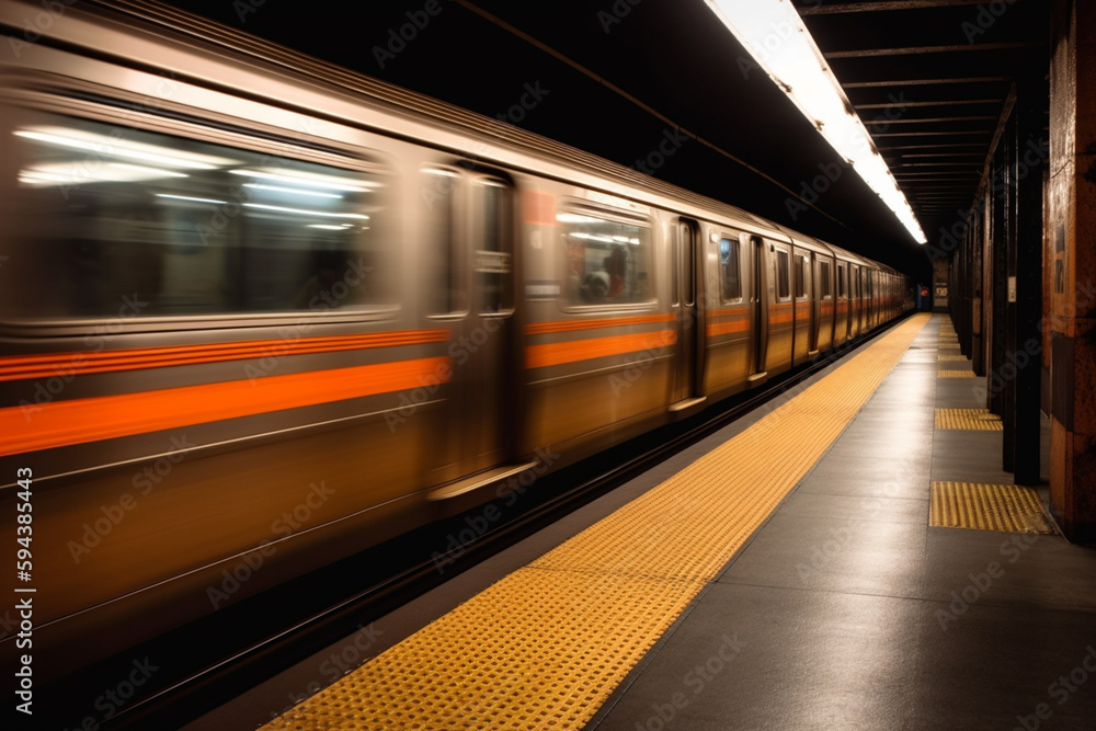 Underground metro or subway passing or departing the station with great speed. Public transportation transit motion concept. Ai generated Underground metro or subway passing or departing the station with great speed. Public transportation transit motion concept. Ai generated