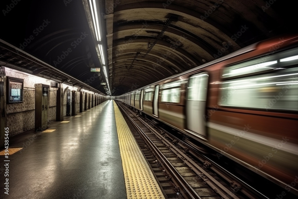 Underground metro or subway passing or departing the station with great speed. Public transportation transit motion concept. Ai generated Underground metro or subway passing or departing the station with great speed. Public transportation transit motion concept. Ai generated