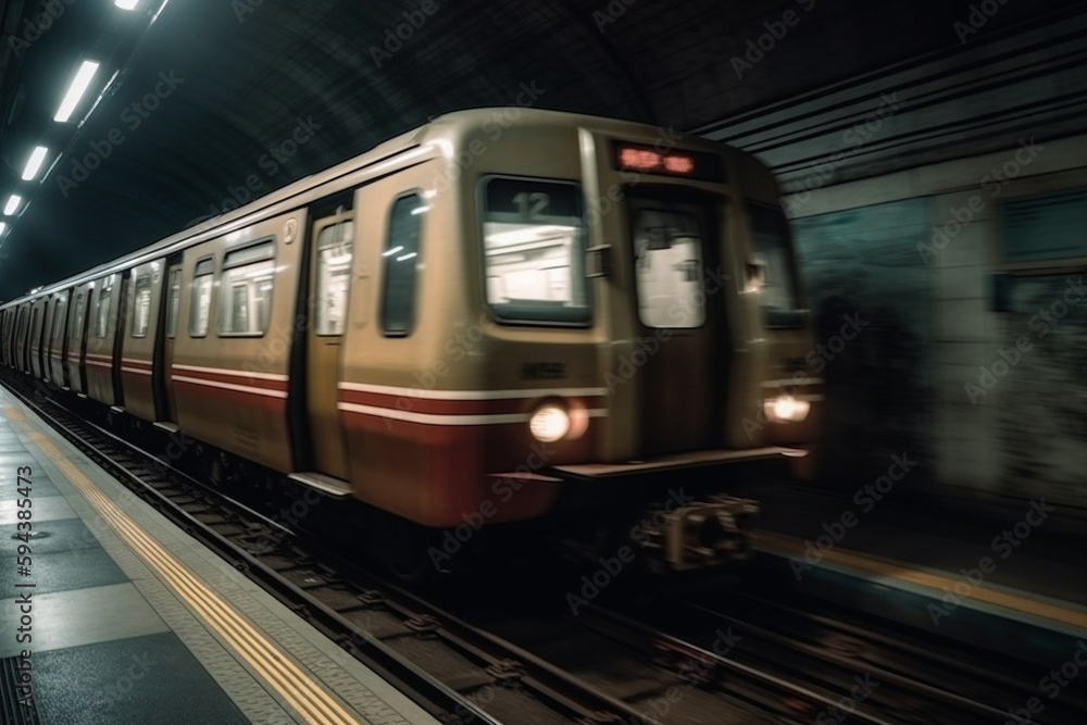 Underground metro or subway passing or departing the station with great speed. Public transportation transit motion concept. Ai generated Underground metro or subway passing or departing the station with great speed. Public transportation transit motion concept. Ai generated