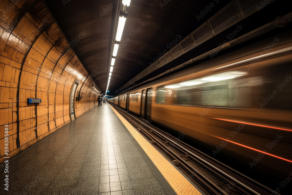 Underground metro or subway passing or departing the station with great speed. Public transportation transit motion concept. Ai generated