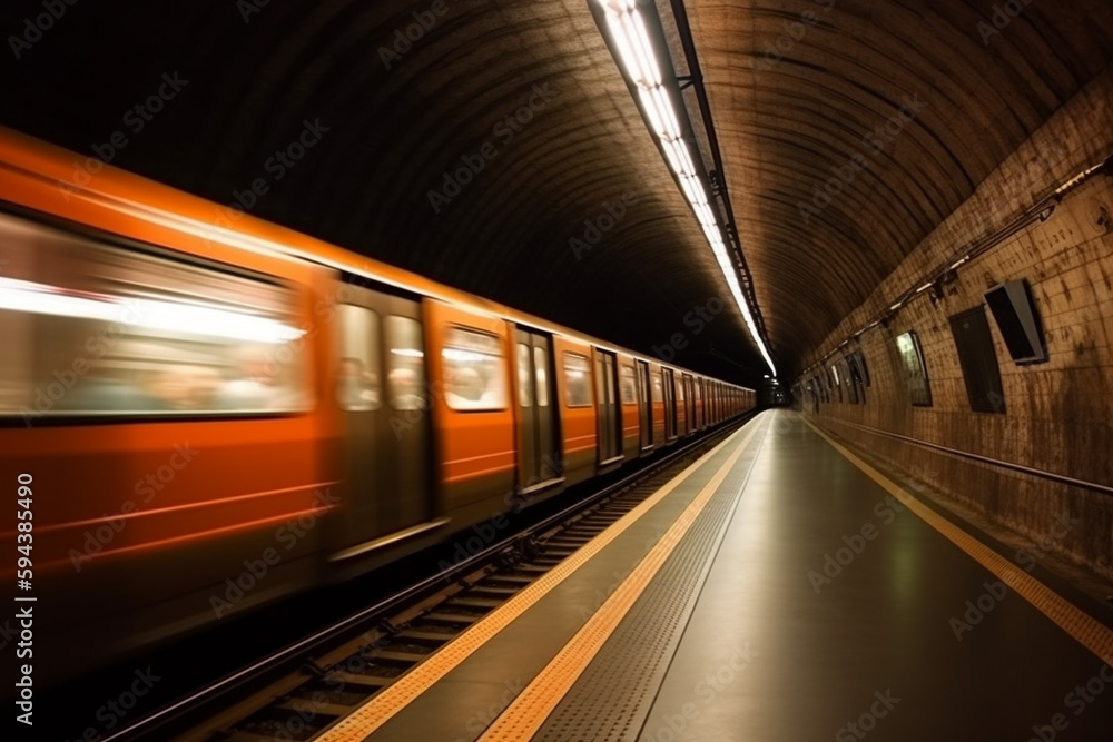 Underground metro or subway passing or departing the station with great speed. Public transportation transit motion concept. Ai generated Underground metro or subway passing or departing the station with great speed. Public transportation transit motion concept. Ai generated