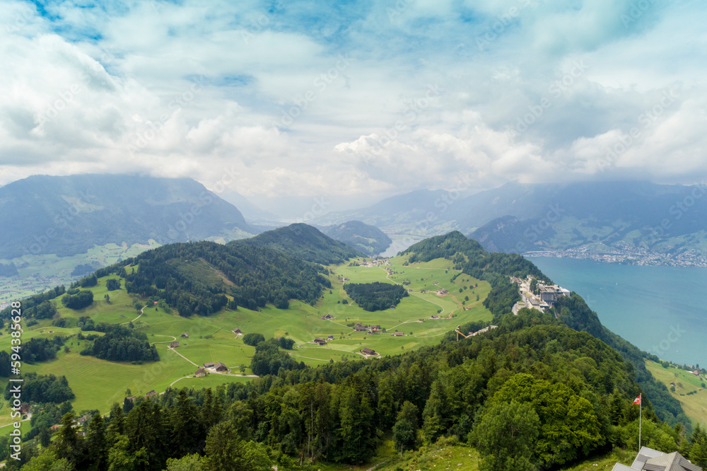 Aerial view of Burgenstock on Lucerne lake green mountains, Burgenstock, Switzerland Aerial view of Burgenstock on Lucerne lake green mountains, Burgenstock, Switzerland