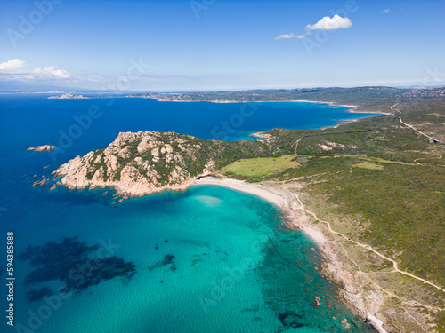 Beautiful aerial photo landscape of a white sand beach in Northern Sardegna, Italy, Europe