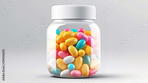 Jar of pills isolate. White plastic jar for medical pills, drugs. Generative Ai