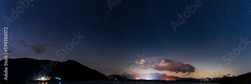 A panoramic night view of the night sky looking over Bassenthwaite lake in the English Lake District.