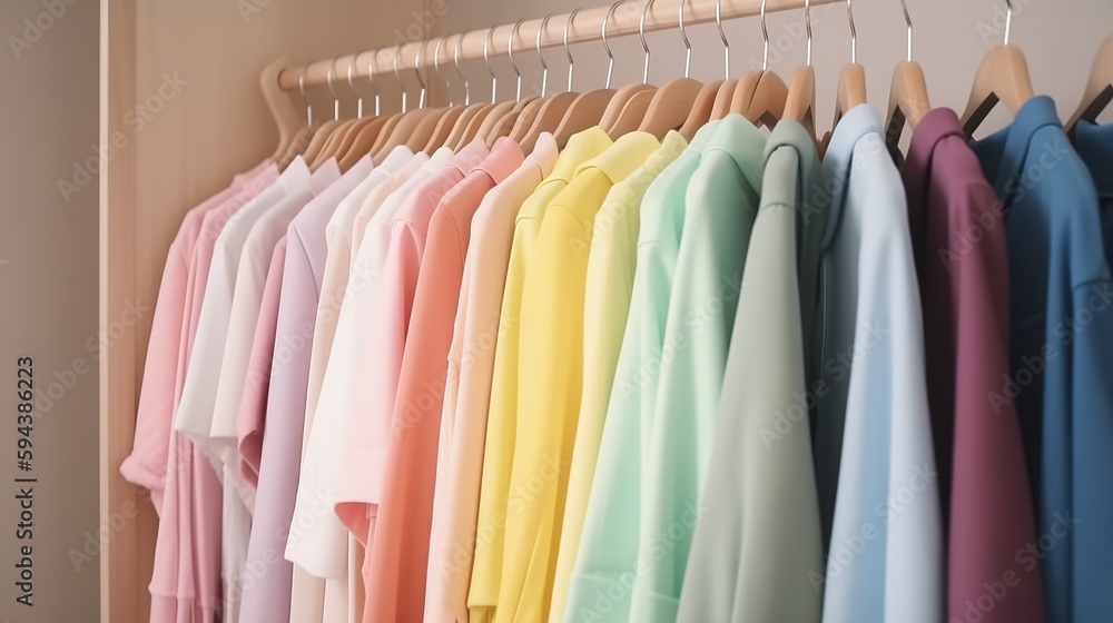 Clothes of different colors on a hanger, open closet with colorful things in pastel colors, home wardrobe. AI generated