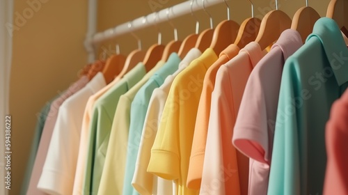 Clothes of different colors on a hanger, open closet with colorful things in pastel colors, home wardrobe. AI generated