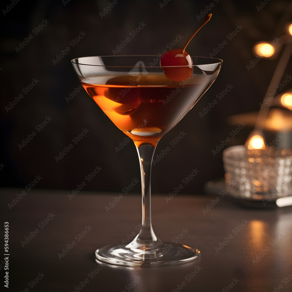Manhattan cocktail with lemon and maraschino cherry on counter background, generative AI.