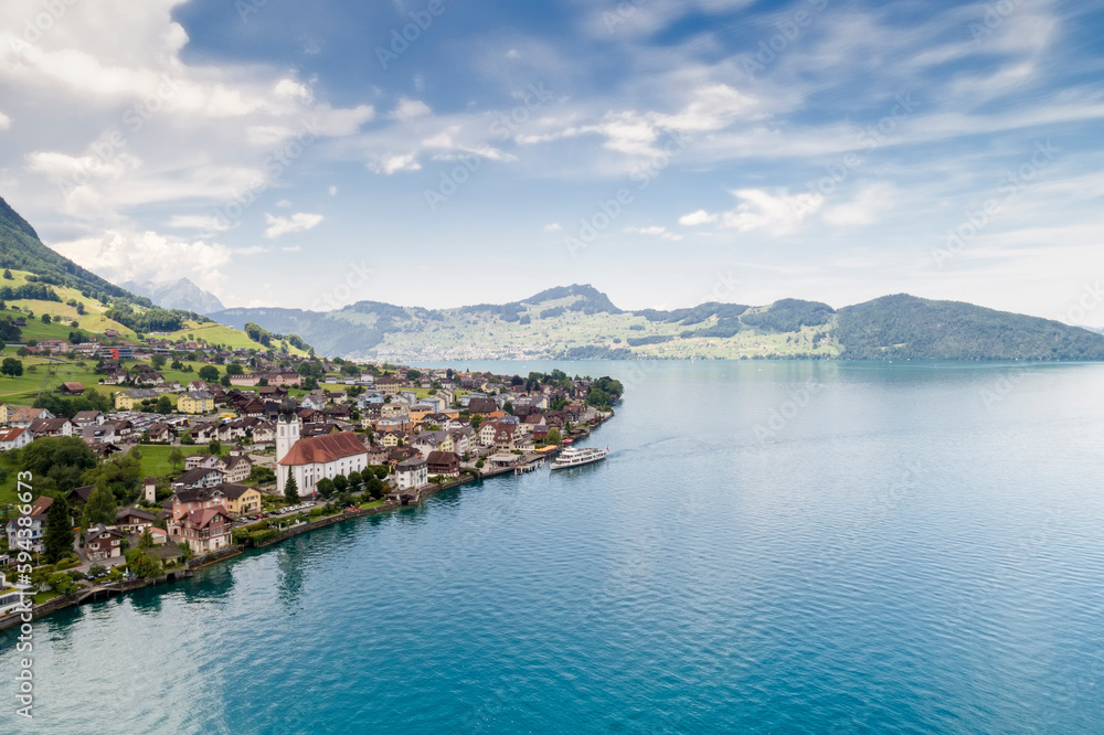 Aerial view of Beckenried on Lake Lucern, Lucern, Switzerland