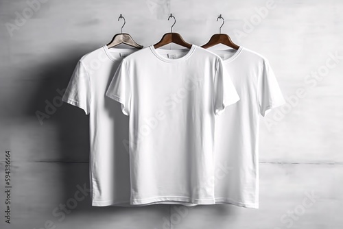 Blank White T-Shirts Mock-up hanging on white wall, front view. Template for custom design. Generative ai.