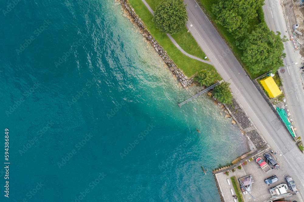 Aerial Top view on a dock in Lake Lucern, Switzerland