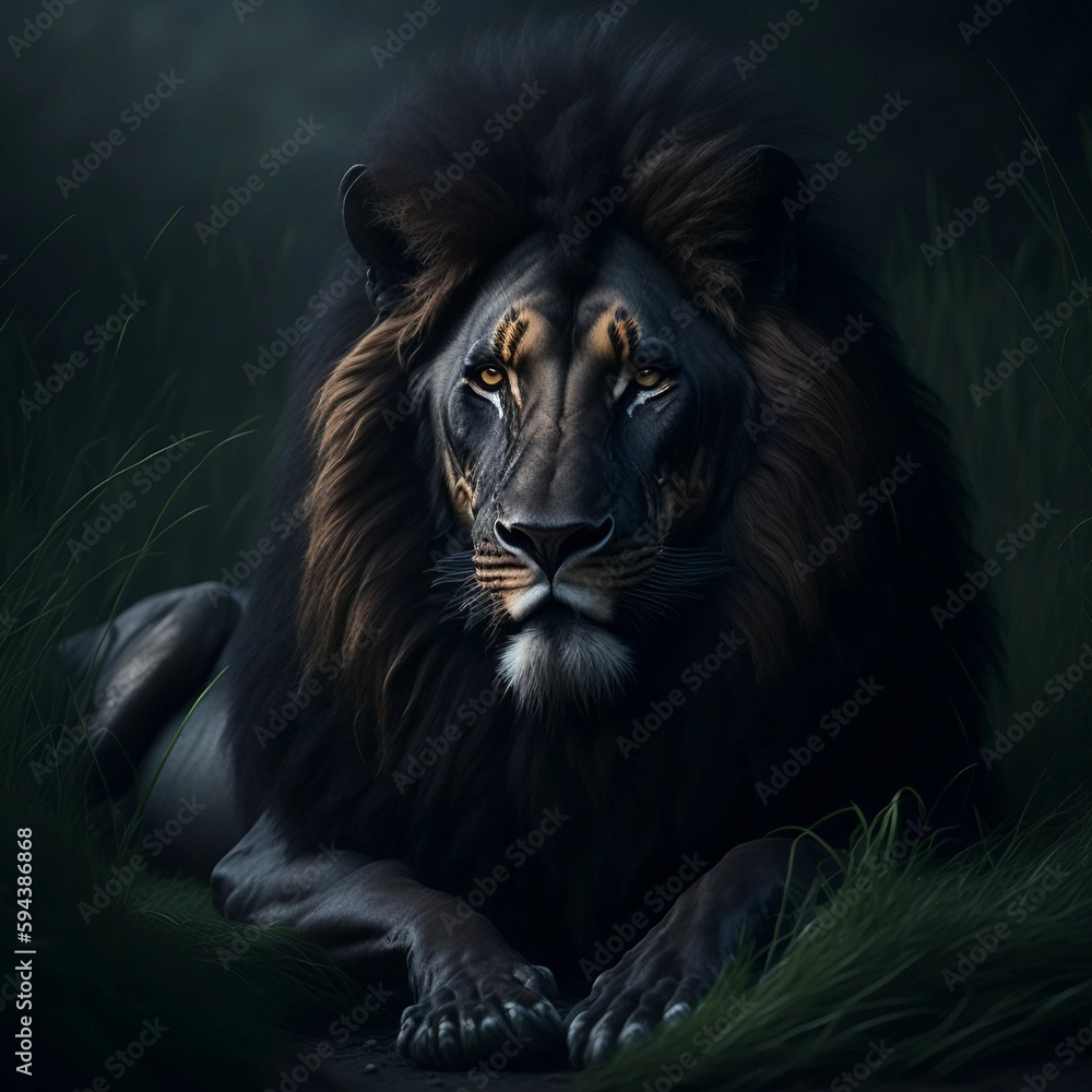 A black lion lying in the grass. Created using generative AI.