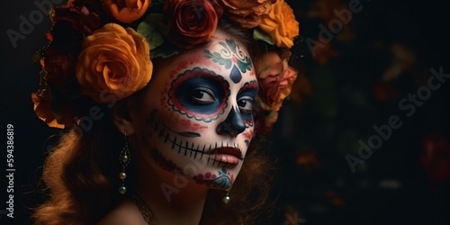 Cinco de Mayo and Dia de los muertos, Holiday of the dead. Mexican Halloween. Sugar skull make up and flowers. Beautiful woman. Generative AI