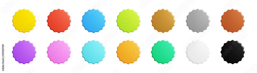 Starburst sticker 3d render set - collection of round sun burst or star shape badges for promo. Starburst sticker 3d render set - collection of round sun burst or star shape badges for promo.