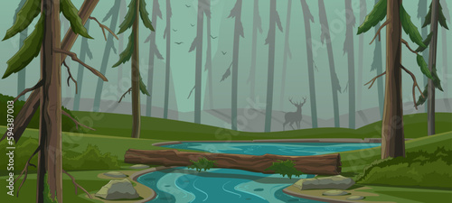 Forest landscape with a river. Twilight coniferous forest in the gorge, fallen dry tree thrown across the riverbed. Wildlife panorama, deer silhouette. Evergreen trees. Vector cartoon illustration. photo