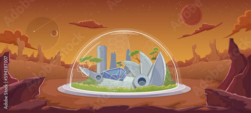 Planet colonization. Protective dome, spaceship station, human settlement, green trees. Terraforming the planet, conquering space. Crater, rocks, gorge. Sci-fi, fantasy. Vector cartoon illustration.