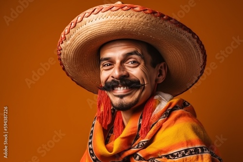 Happy mexican man in sombrero and bright poncho isolated over color background. Celebrating Cinco de Mayo. National Holiday. Generative Ai.