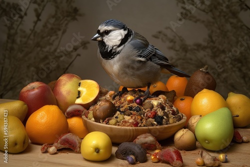 morbidly obese bird, surrounded by bountiful feast of fruits and nuts, created with generative ai photo