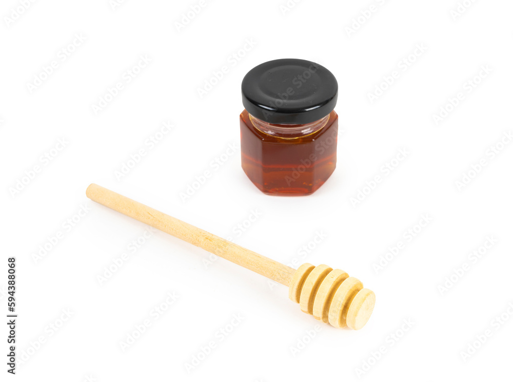 Honey Glass Bottle and Dipper Wooden Spoon Isolated on White Background