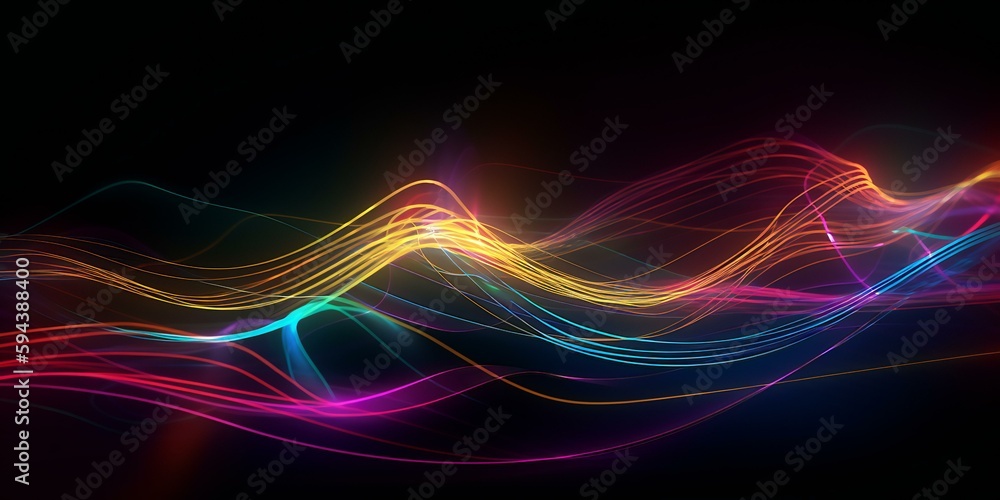 Abstract background of colorful neon wire waves glowing in the dark background. Modern wallpaper. Generative AI
