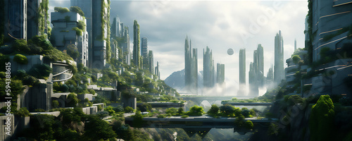 Futuristic cityscape with a lot of trees, floating spacecrafts, clean and streamlined, light white and green, zone focusing, majestic ports. AI generated image