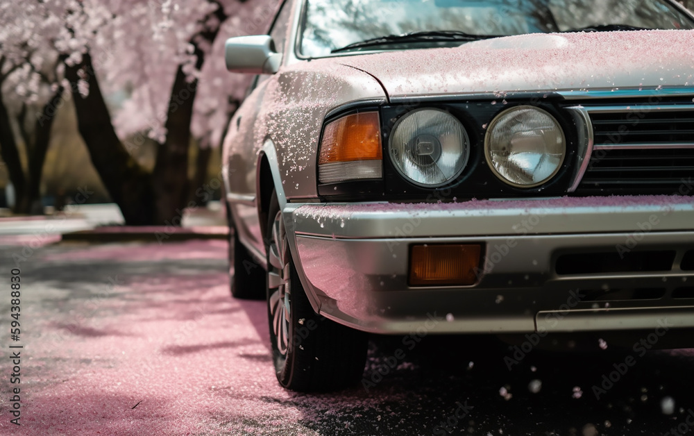 A classic car rests on a cherry blossom-covered road, its headlights foggy with the stories of many journeys past.