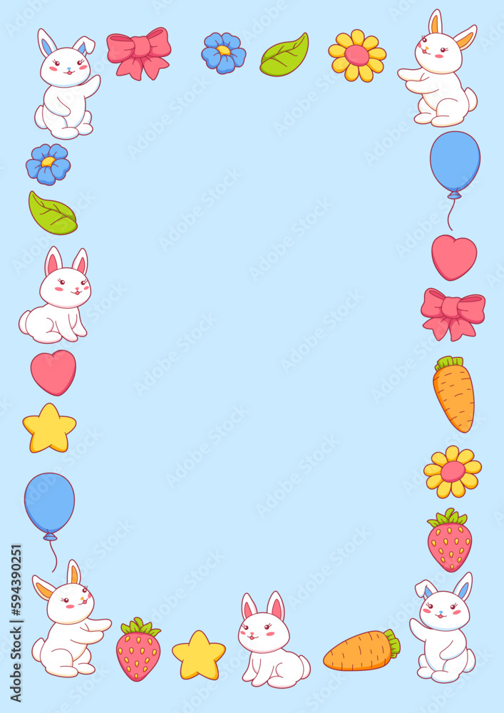 Frame with cute kawaii little bunnies. Funny characters and decorations in cartoon style. Frame with cute kawaii little bunnies. Funny characters and decorations in cartoon style.