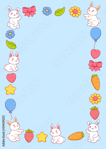 Frame with cute kawaii little bunnies. Funny characters and decorations in cartoon style. © incomible