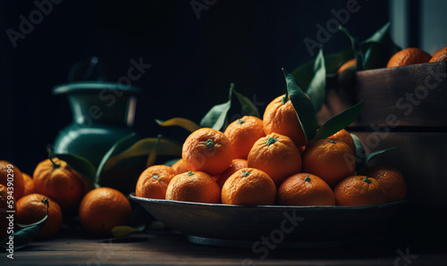 Big dish and wooden crate filled with ripe tangerines. Jug and some fruit on the table. Black backdrop. Generative AI. photo