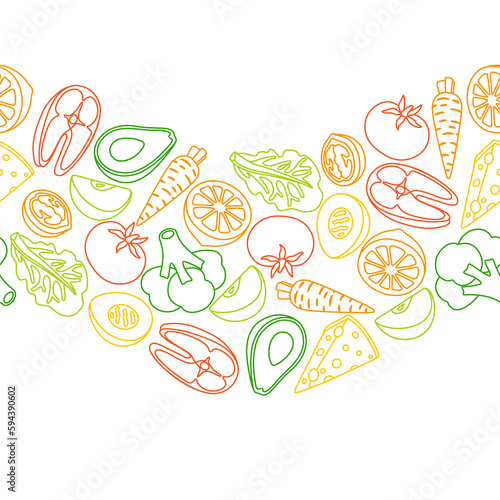 Seamless pattern with healthy eating and diet meal. Fruits, vegetables and proteins for proper nutrition.