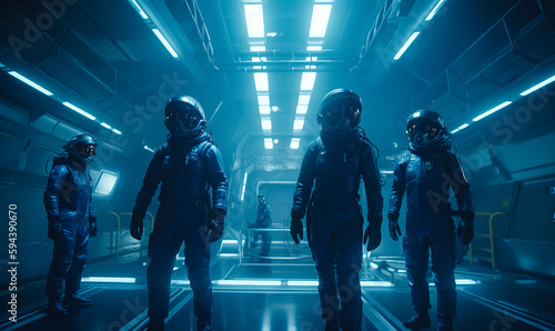 Squad in full pressure suits ready for the mission start. Futuristic team in the spaceship lit with neon light. Generative AI.