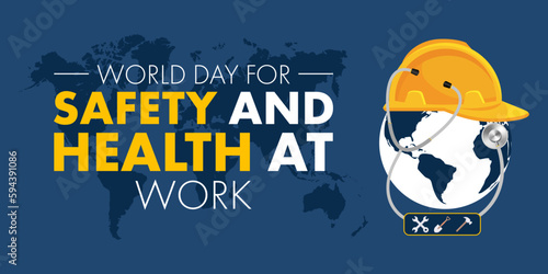 Globe wearing a safety helmet and stethoscope, construction labour tools, a concept for world day for Safety and Health at Work vector illustration design