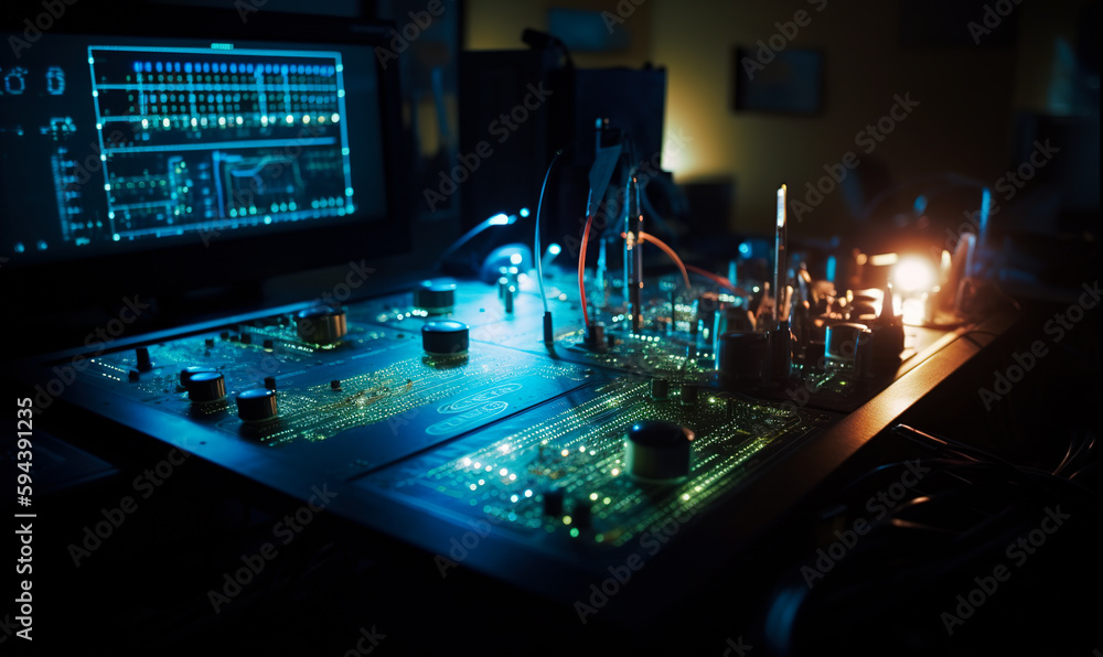 Micro circuits and chips on the table. Neon scheme on the computer screen at backdrop in the dark room. Technological concept. Generative AI. Micro circuits and chips on the table. Neon scheme on the computer screen at backdrop in the dark room. Technological concept. Generative AI.