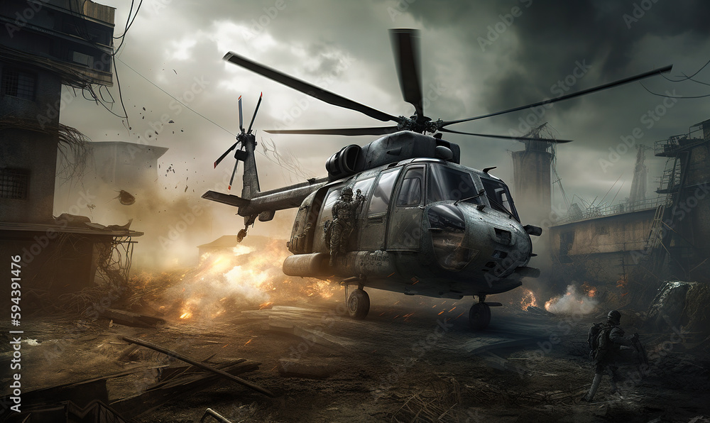 Military helicopter with soldier on the board. Vehicle landed in the destroyed area of the city with fire and debris around. War concept. Generative AI. Military helicopter with soldier on the board. Vehicle landed in the destroyed area of the city with fire and debris around. War concept. Generative AI.