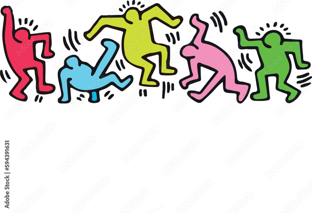 Doodles keith haring inspired pattern illustration with dancing colored people. Modern art and streetstyle art pattern. - obrazy, fototapety, plakaty 