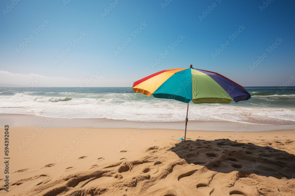 Tropical Paradise: Sunlit Coast, Vibrant Umbrella, and Refreshing Ocean Breeze