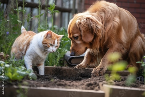 cats and dogs with dirty paws digging in the garden, created with generative ai