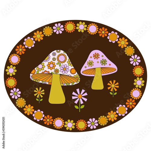 mod mushrooms with floral frame on brown background