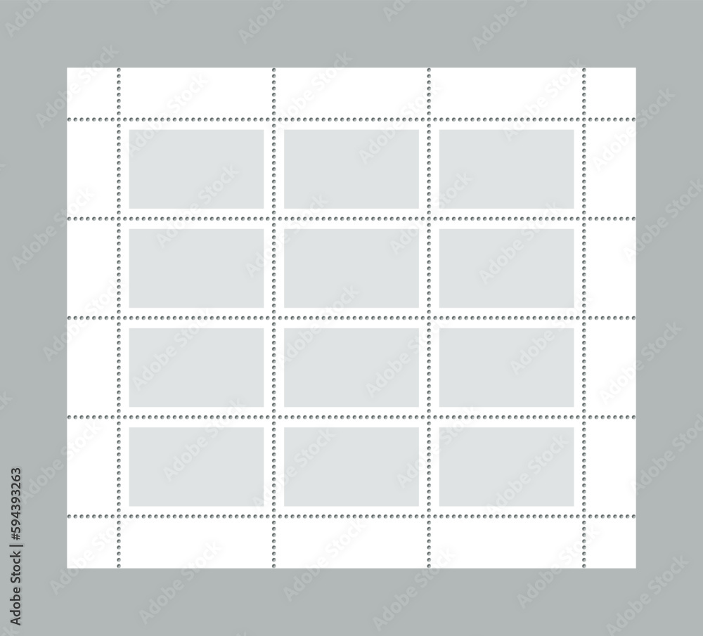 Template for collector post stamps. Set of empty sale coupons with perforated borders. The collection paper postmarks, postal stickers for mail letters in a postage stamps set. Vector illustration.