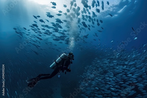 Fotografering scuba diver descending into crystal-clear underwater world, surrounded by school