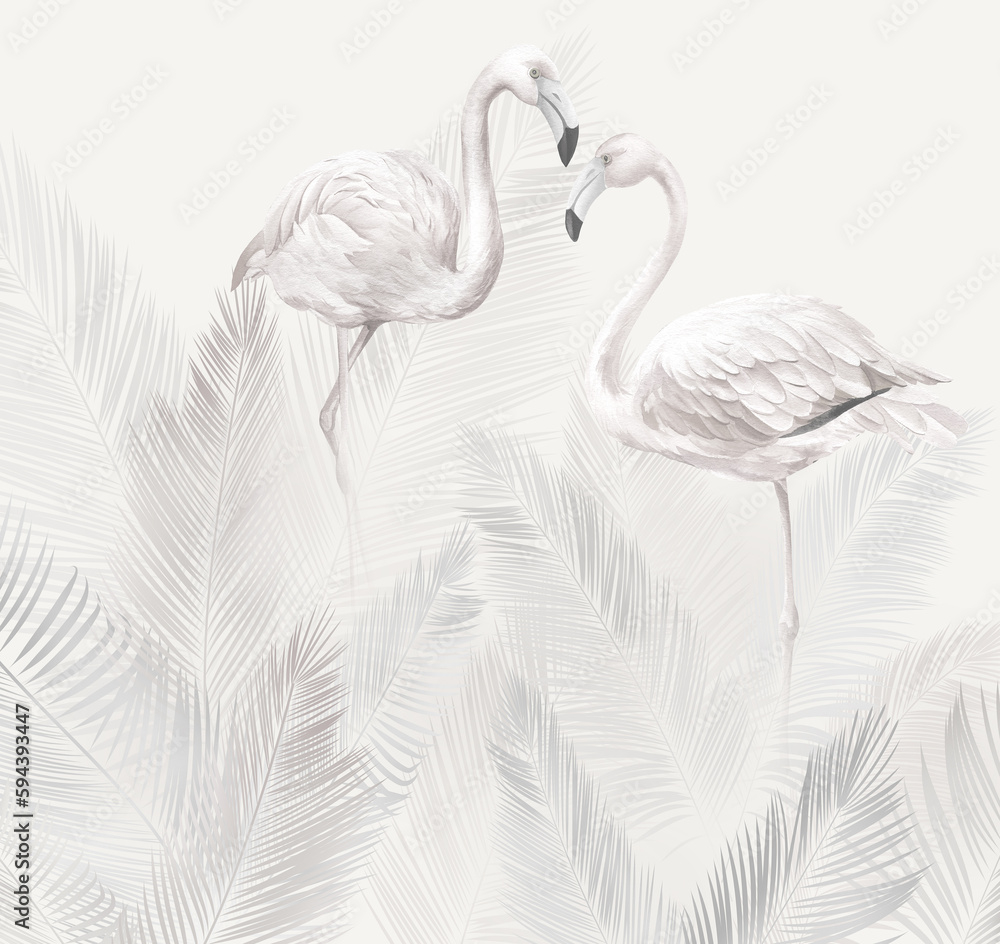 flamingos with palm branches - obrazy, fototapety, plakaty 