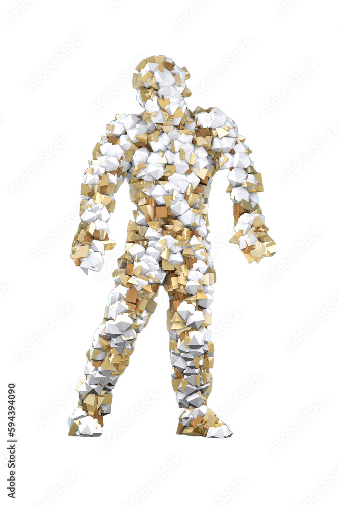 Abstract, geometric man standing in a pose, isolated on a transparent background 3D render PNG.