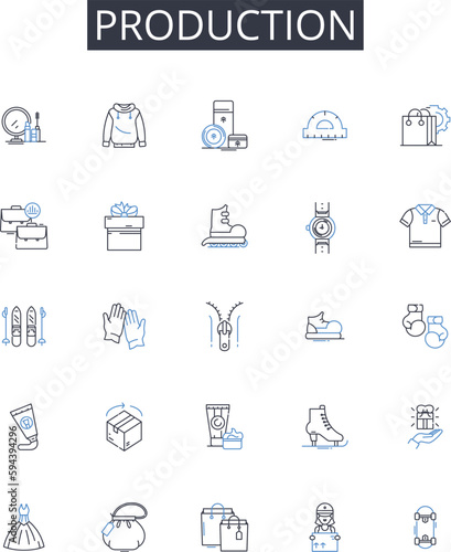 Production line icons collection. Creation, Development, Fabrication, Manufacture, Generation, Construction, Assembly vector and linear illustration. Crafting,Formation,Building outline signs set