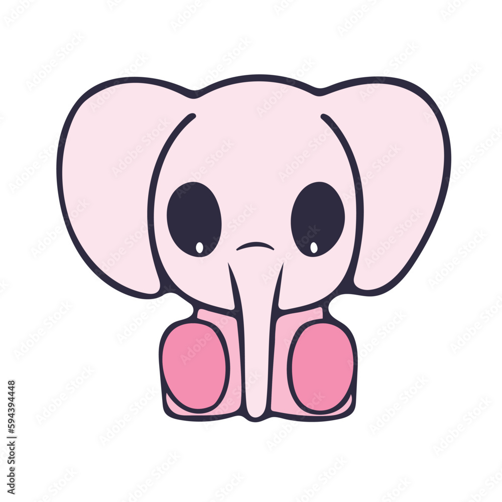 Fototapeta premium Cute kawaii pink elephant baby character illustration, vector die-cut sticker.