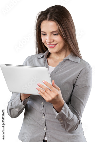фотографія Young cute woman using digital tablet isolated on white background