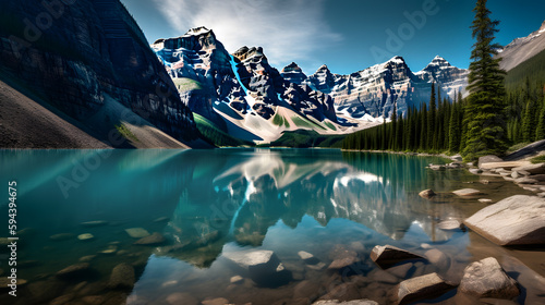Landscape photography, a breathtaking mountain range with a serene lake in the foreground