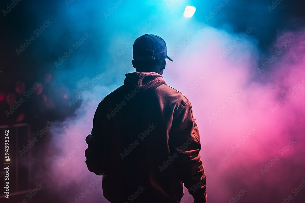 Artist rapper at a music concert on stage singing seen from the back with pink and blue smoke. Hip hop rap artist live performance. Ai generated - obrazy, fototapety, plakaty 