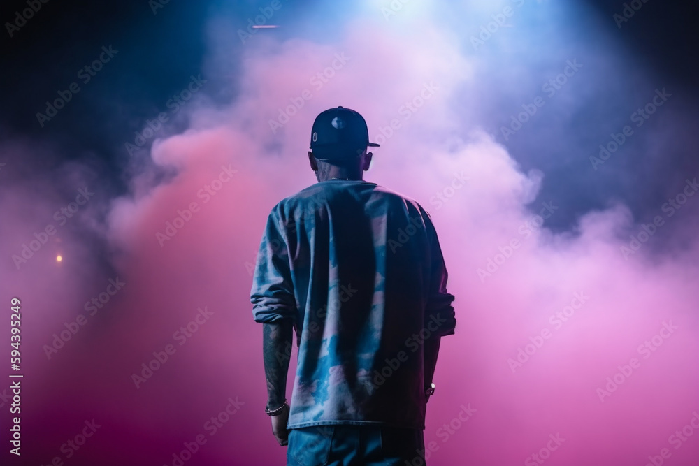 Artist rapper at a music concert on stage singing seen from the back with pink and blue smoke. Hip hop rap artist live performance. Ai generated - obrazy, fototapety, plakaty 