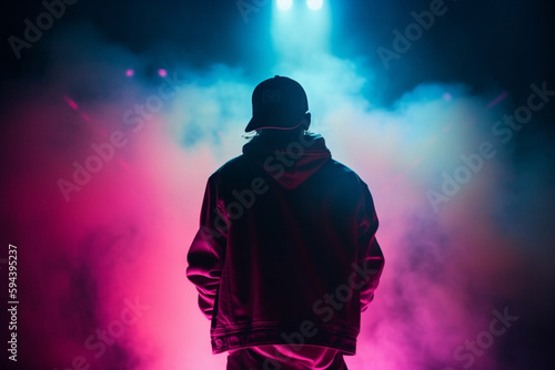 Artist rapper at a music concert on stage singing seen from the back with pink and blue smoke. Hip hop rap artist live performance. Ai generated