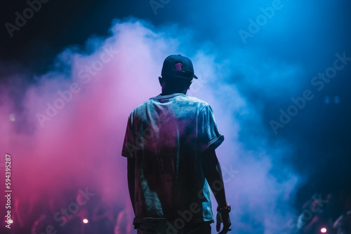 Artist rapper at a music concert on stage singing seen from the back with pink and blue smoke. Hip hop rap artist live performance. Ai generated